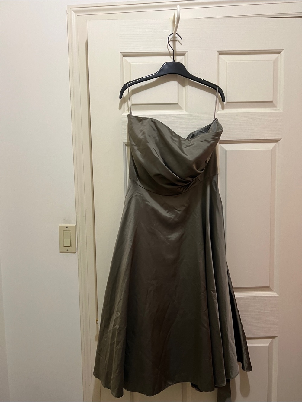 Strapless A-Line Satin Dress in Olive Gray
